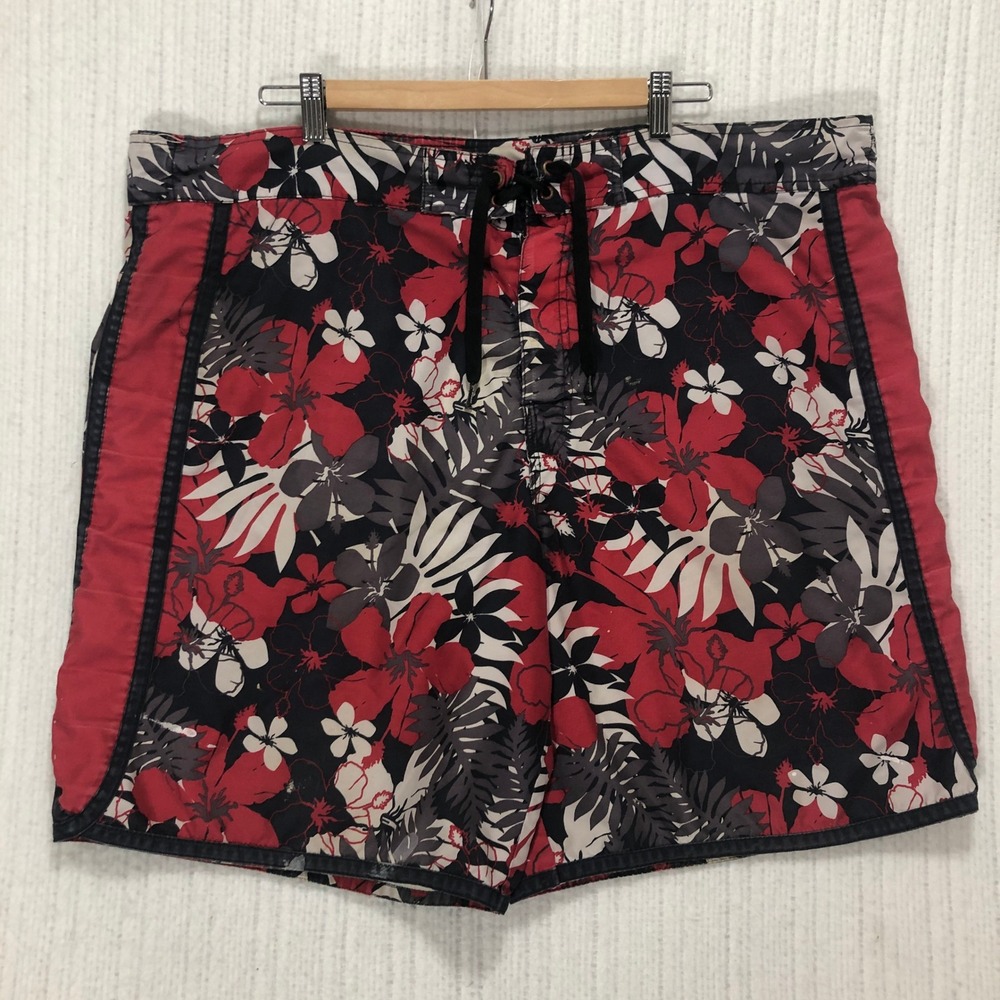 Joe Boxer Mens XL Board Shorts Red Black‎ White Floral Hibiscus Swim Trunks Mesh